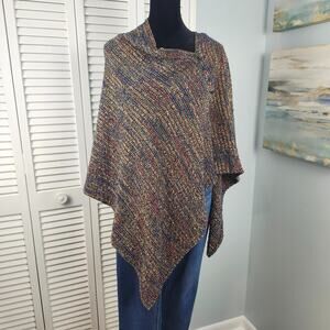 Colorful Bohemian Shawl - Knit Poncho - One Size - Button Detail - Cottagecore